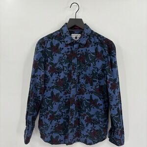 Denim and Flower Mens Floral Button Down Shirt Small Blue Burgundy Slim Fit Boho